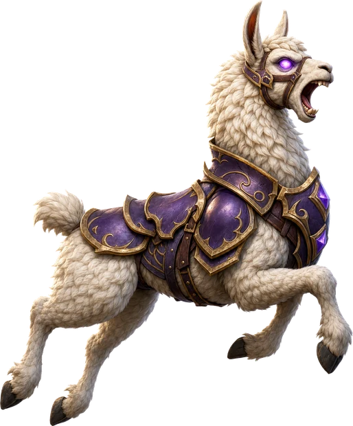 An armored battle llama mid-leap
